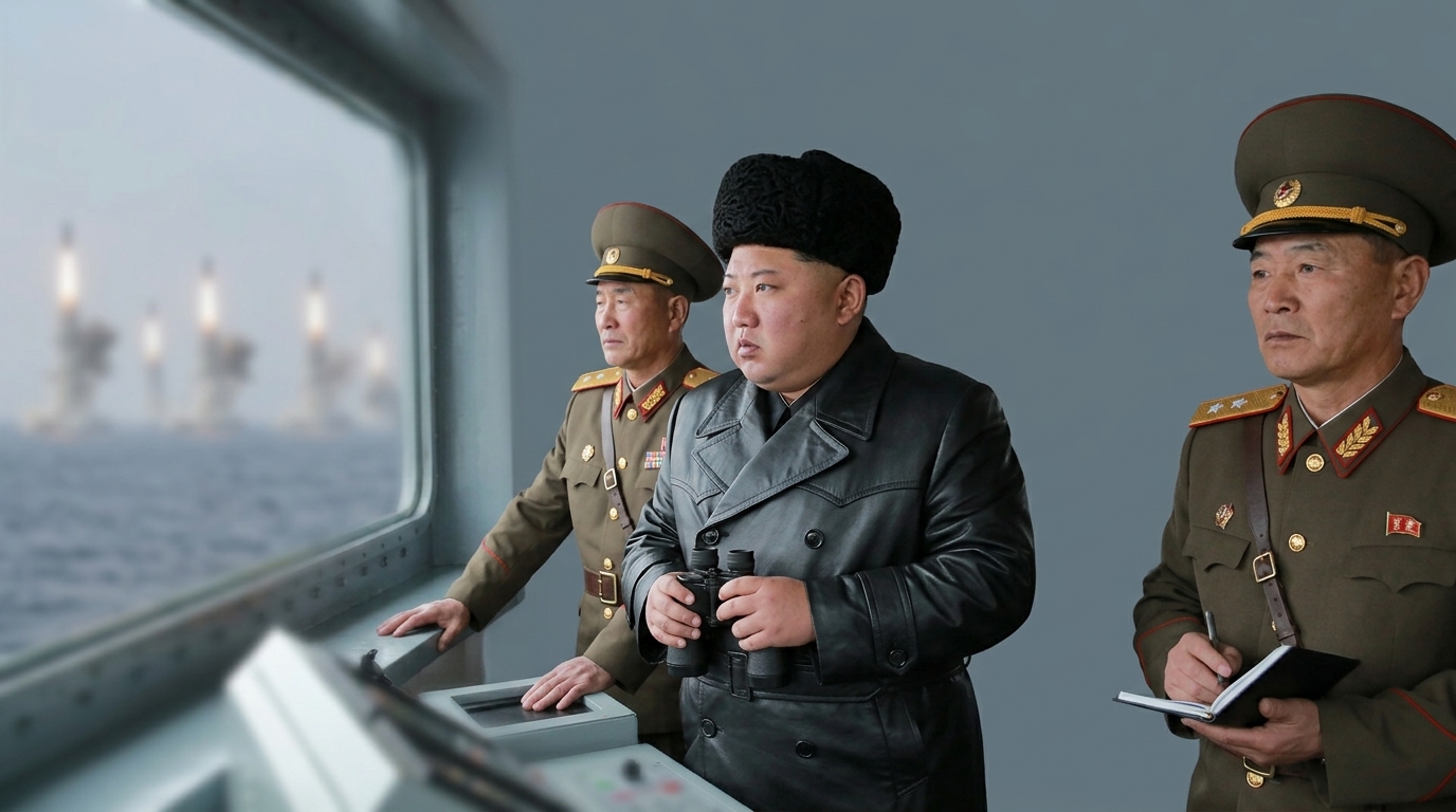 김정은, 북한 구축함에서 미사일 5발 발사 참관