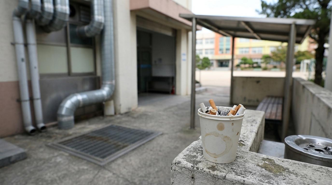 급식실 옆 교직원 흡연실 꽁초 컵